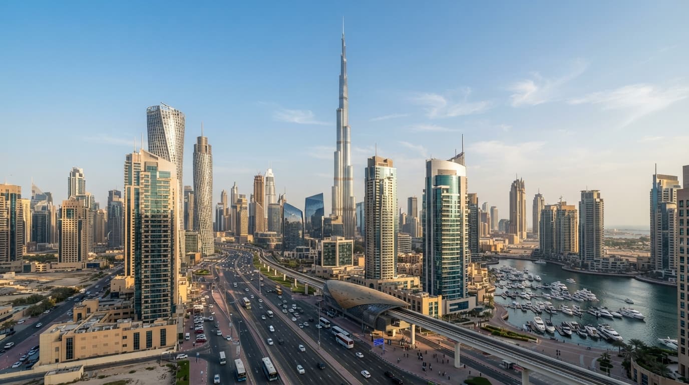 Dubai Marina skyline, highway and Burj Khalifa under a clear blue sky