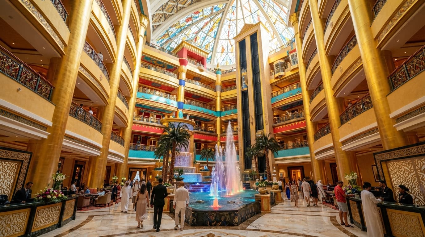 Grand Dubai hotel lobby atrium with gold columns and central fountain