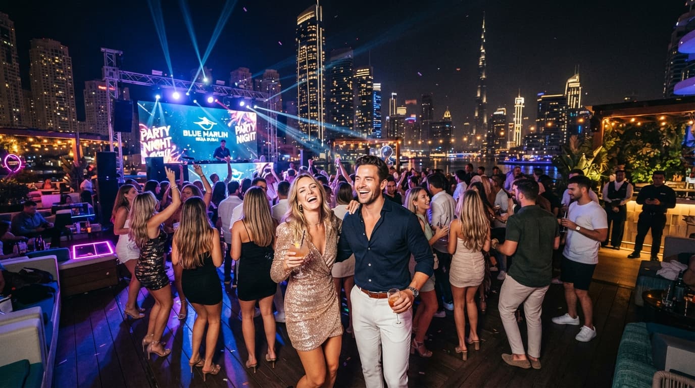 Guests at an outdoor Dubai nightlife event with Burj Khalifa in the background