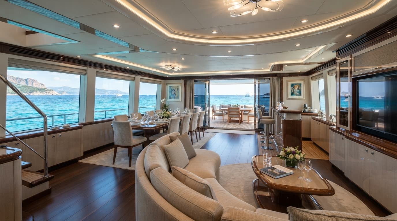 Luxury yacht salon with cream seating and open deck overlooking the sea