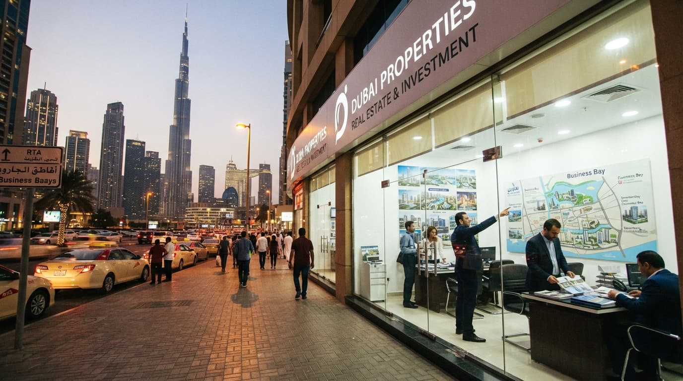 Dubai Properties real estate office with Burj Khalifa and city skyline at dusk