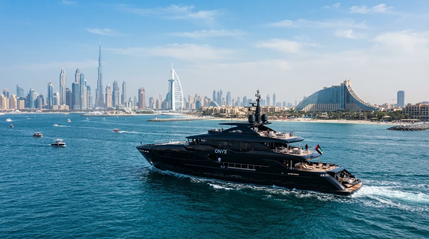 Black luxury yacht named Onyx cruising past the Dubai skyline and Burj Al Arab