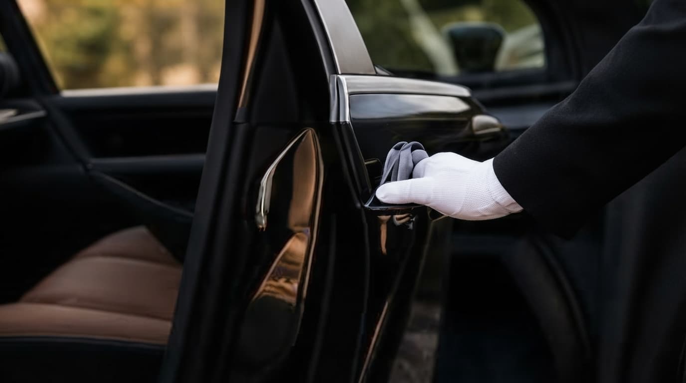 Chauffeur in a black suit and white gloves opening the door of a black luxury car with brown leather interior