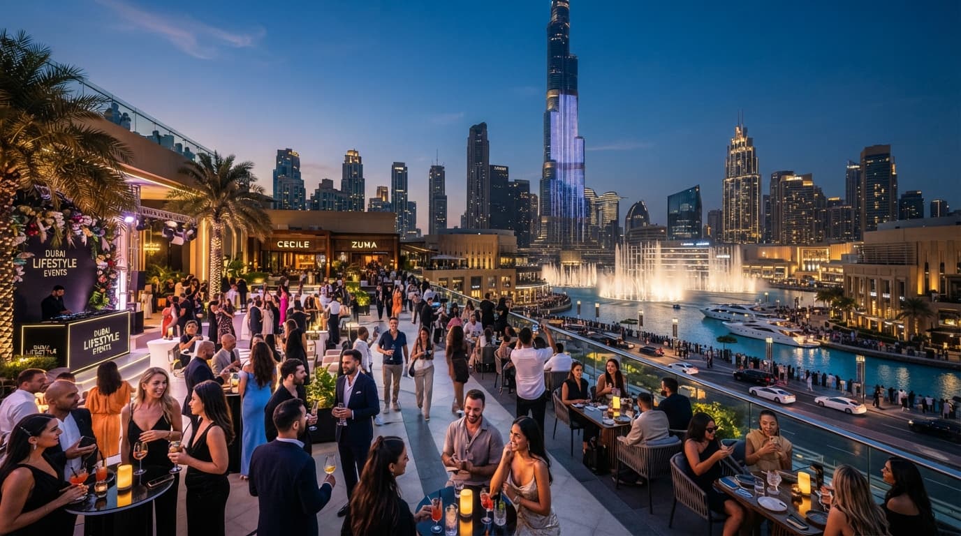 Guests at an upscale Dubai lifestyle event terrace overlooking Burj Khalifa and the city skyline at night