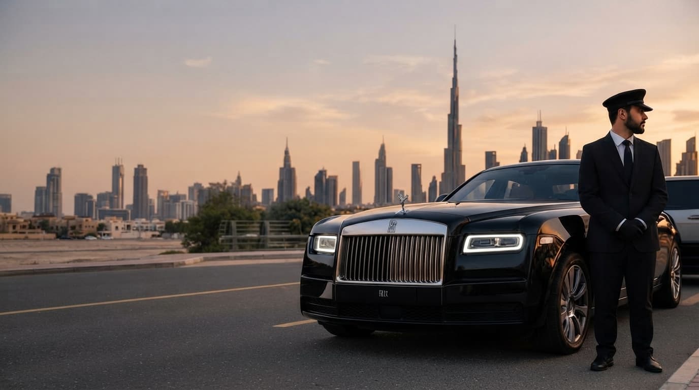 Professional chauffeur in formal attire standing beside a black Rolls-Royce with the Dubai skyline and Burj Khalifa at sunset