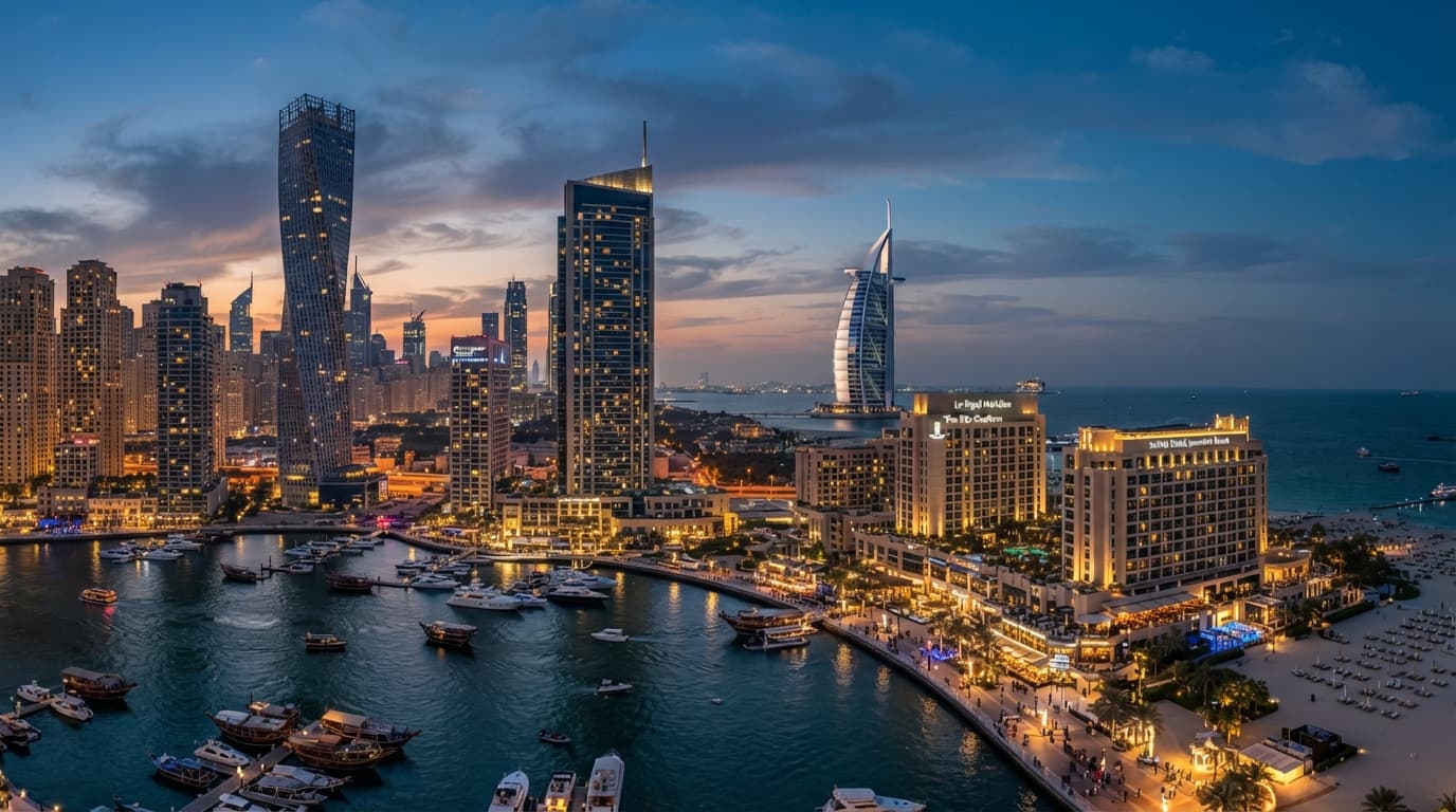 Dubai Marina and beachfront luxury hotels illuminated at twilight with Burj Al Arab in the distance