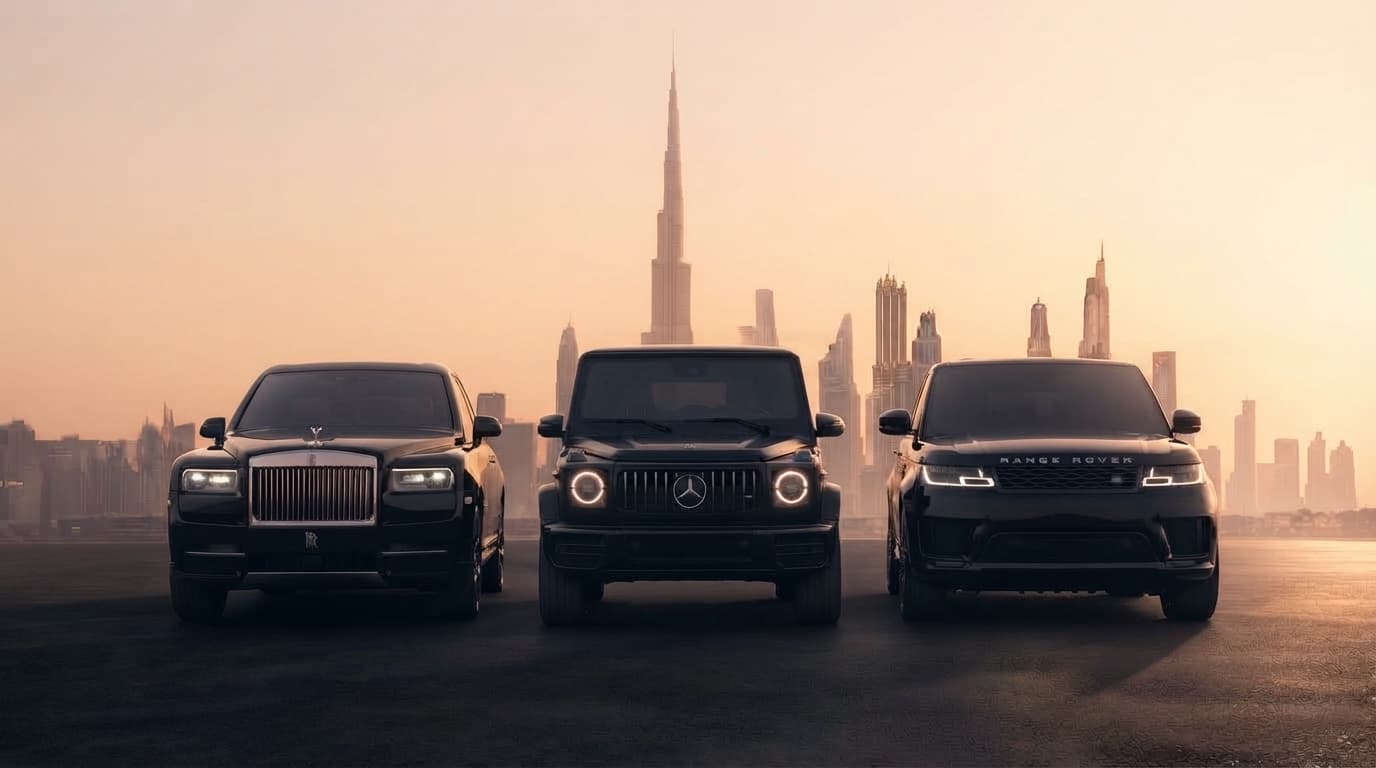 Luxury Rolls-Royce Cullinan, Mercedes-Benz G-Class and Range Rover parked with the Dubai skyline and Burj Khalifa at sunset
